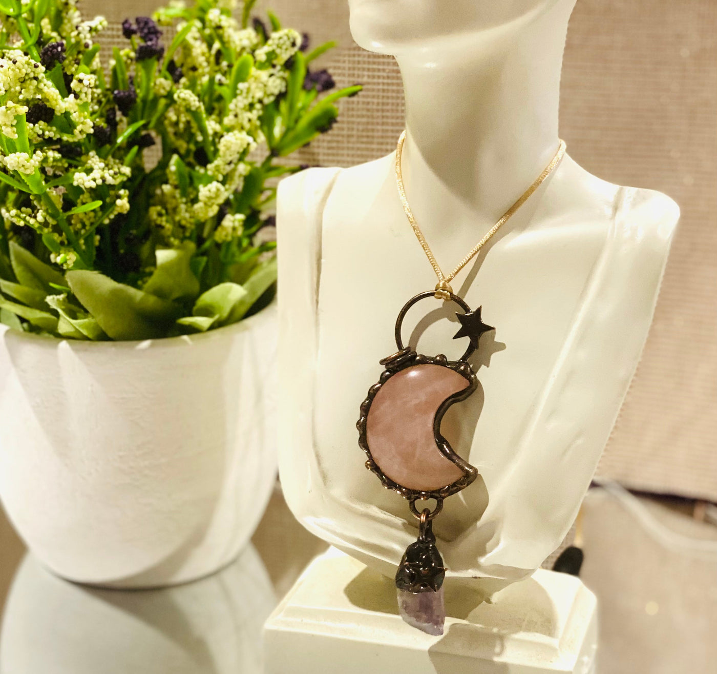 Soldered Rose Quartz's Slice Vintage Moon Shape Pendant