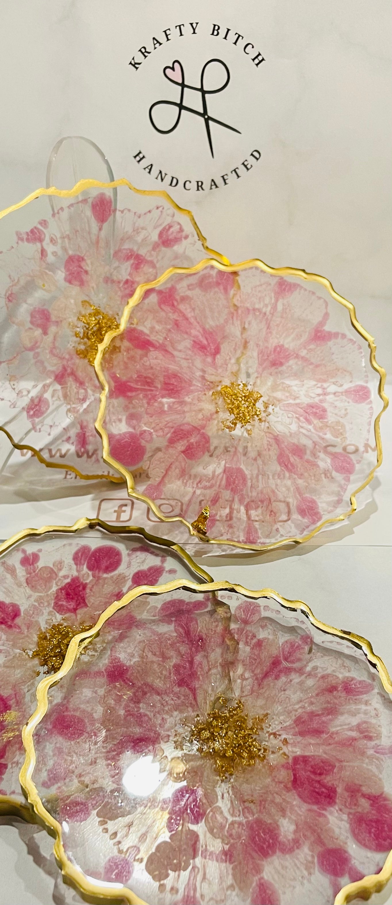 Set of 4 Pink and gold flower coasters