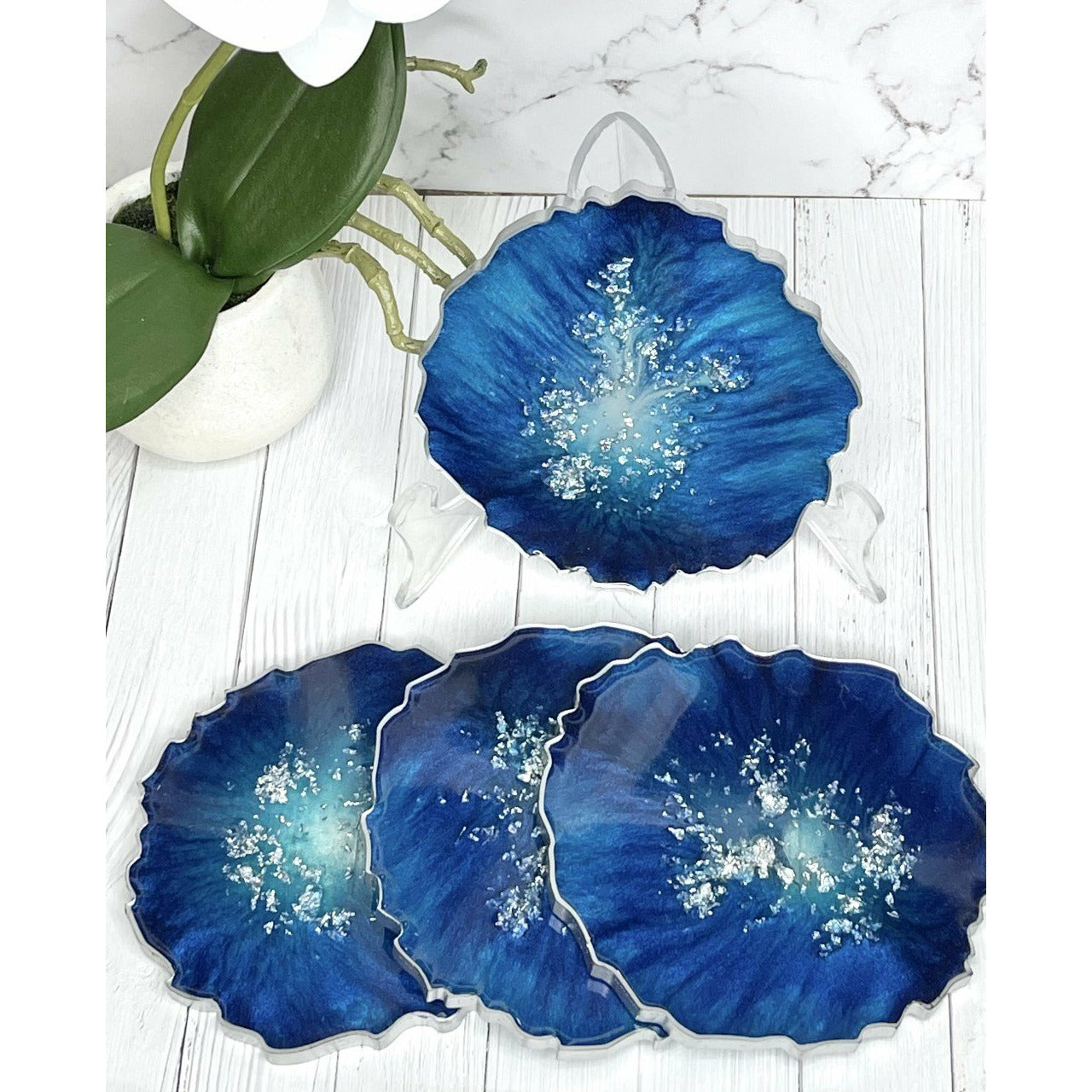 Set of 4 Blue silver flake Coasters